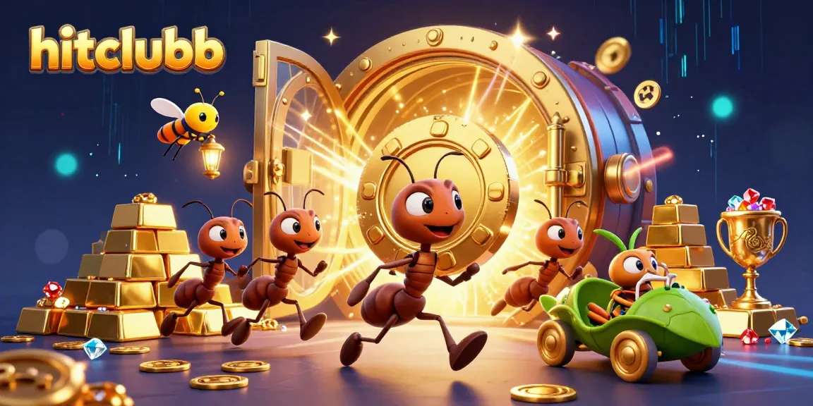 Experience excitement at hitclubb as cartoon ants joyfully navigate a casino heist.