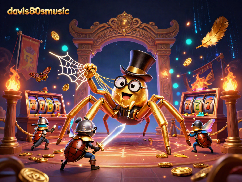Davis80smusic showcases a golden tarantula weaving a web in a vibrant casino arena.