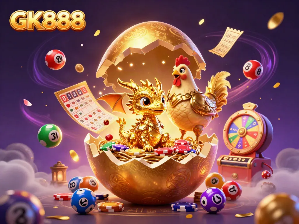 Experience winning with GK888 in a vibrant casino scene filled with golden chips and lottery excitement.