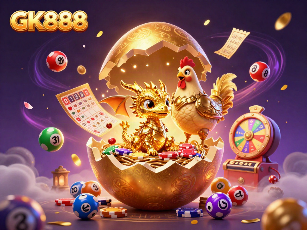 Experience winning with GK888 in a vibrant casino scene filled with golden chips and lottery excitement.