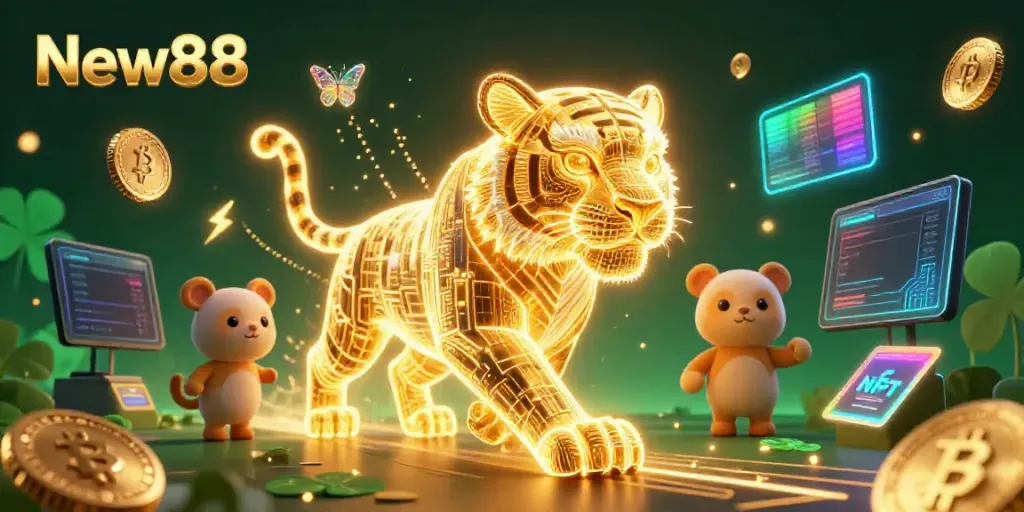Experience the thrilling environment of New88 with a tiger leading the gaming adventure amidst dynamic digital elements.