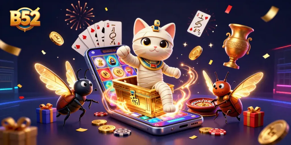 B52 players spin colorful slot games while a mummy cat bursts from a golden sarcophagus in a lively casino.