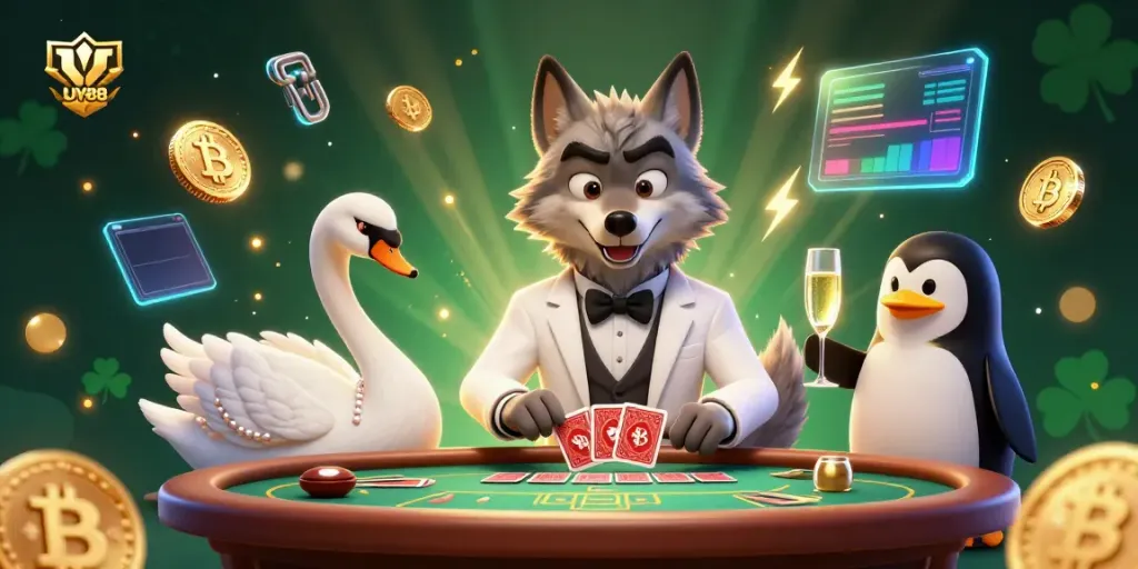 Watch the animated UY88 characters play baccarat with crypto financial elements in a vibrant casino.