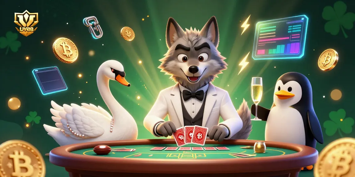 Watch the animated UY88 characters play baccarat with crypto financial elements in a vibrant casino.