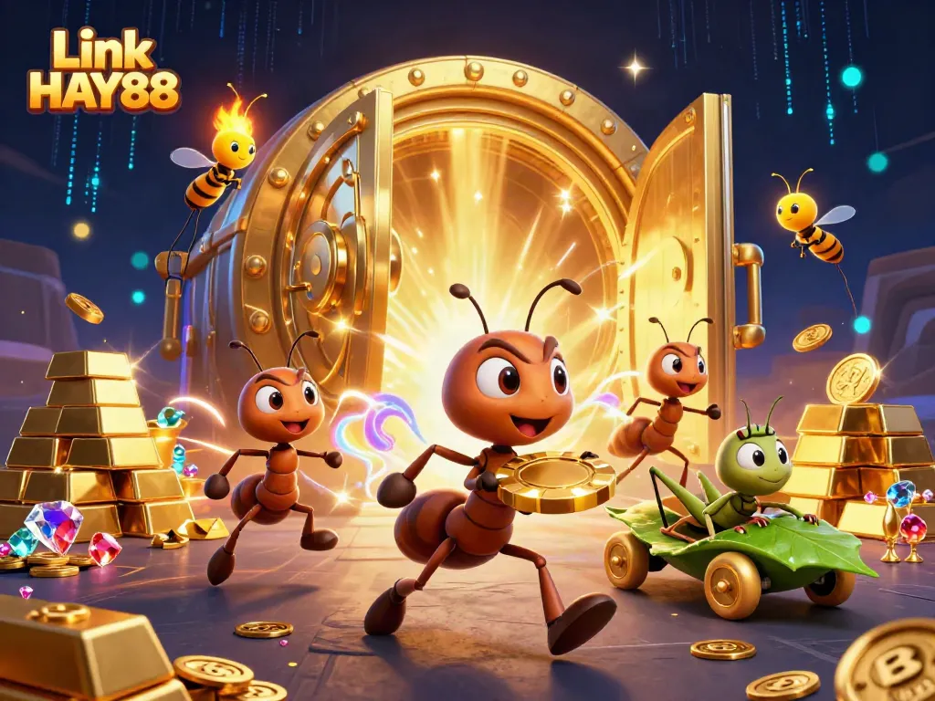 Engaging scene of ants carrying a giant poker chip while seeking treasure, Link HAY88