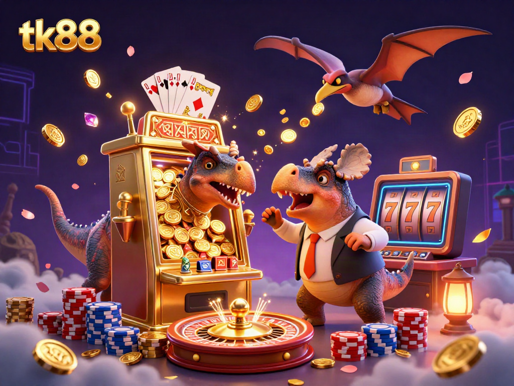 tk88 jackpot scene with cartoon dinosaurs and casino elements, featuring dynamic coins and slot machine action