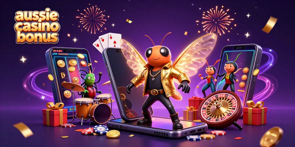 The vibrant 3D scene showcases an aussie casino bonus with energetic cartoon characters celebrating casino games and bonuses amidst golden coins and colorful slot reels.