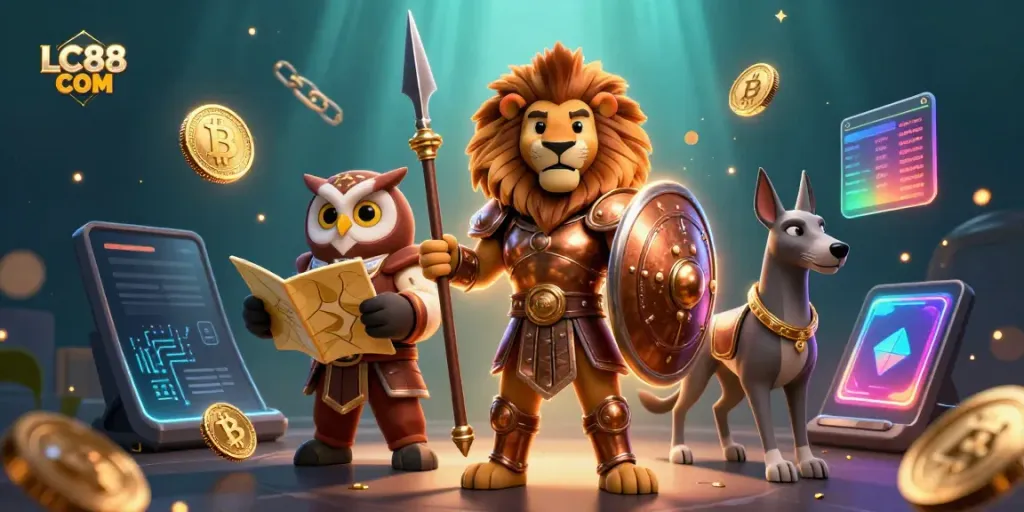Engage with LC88 COM in a vibrant 3D casino scene showcasing characters and cryptocurrencies.