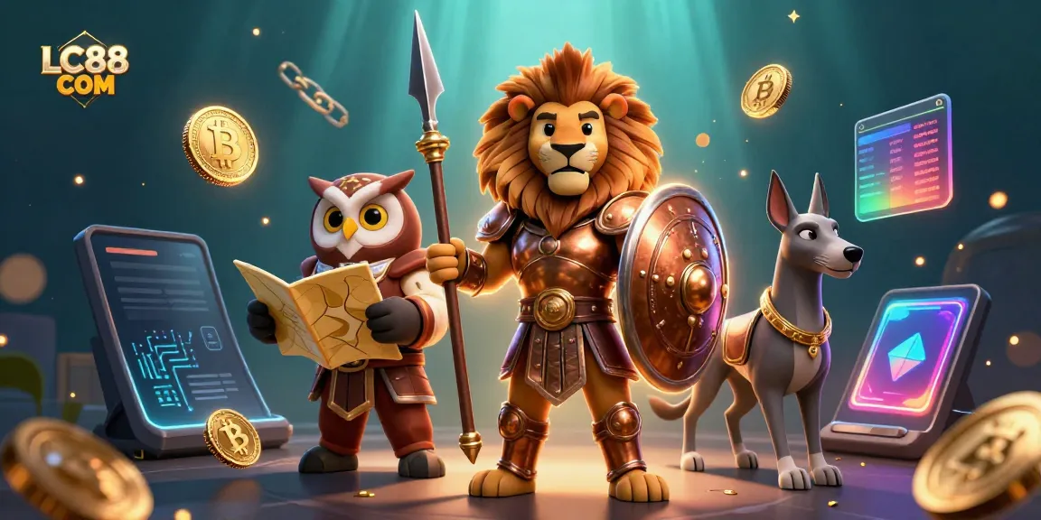 Engage with LC88 COM in a vibrant 3D casino scene showcasing characters and cryptocurrencies.