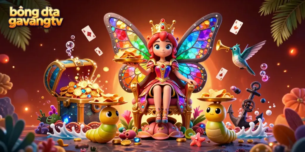 Engage with bóng đá trực tuyến gavangtv in a vibrant casino-themed scene full of fantasy characters and treasures.
