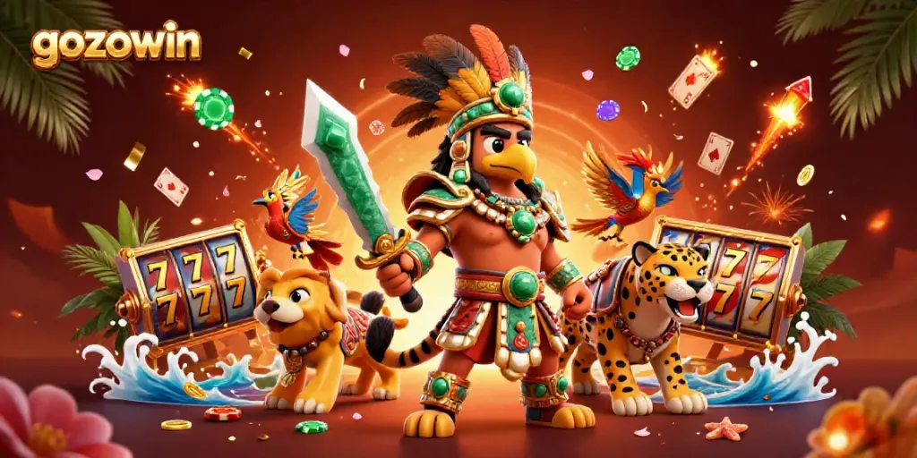 Experience vibrant gameplay at gozowin with an exciting 3D illustration of Aztec warriors and slot games.