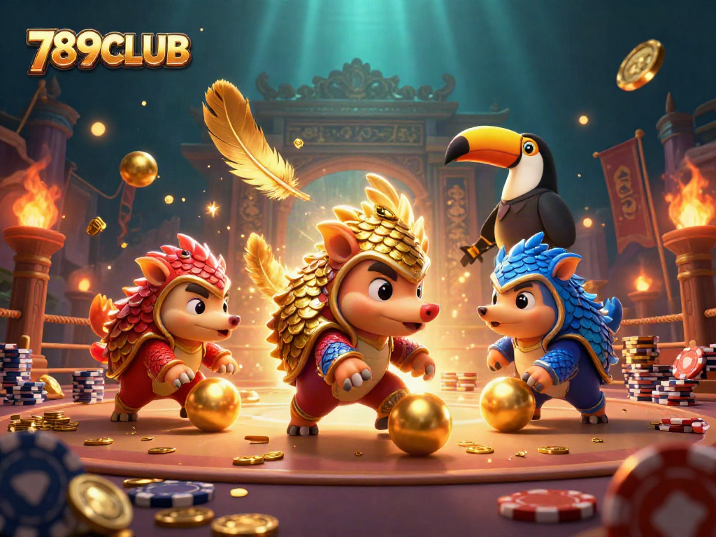 Rival pangolins bowling through poker chips at 789CLUB, celebrating in a vibrant casino scene.