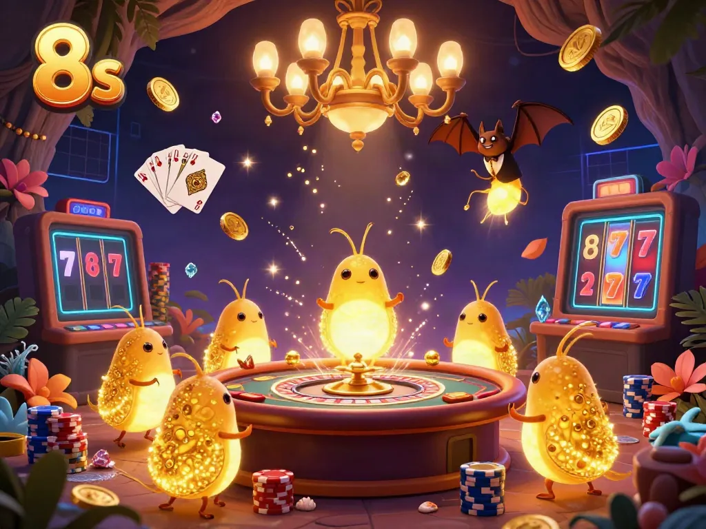 Experience the magic of 8s casino with glowworms lighting up the game amid sparkling treasures.