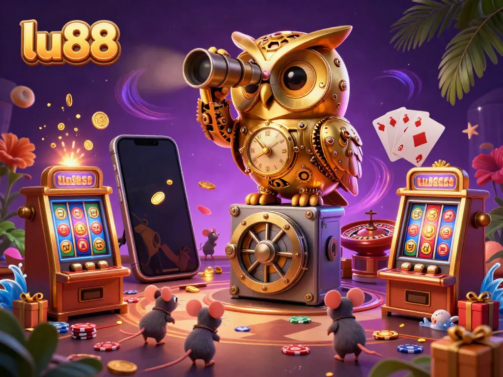 Experience exciting gaming at lu88 with a vibrant scene featuring a golden owl and mice among glowing casino elements.