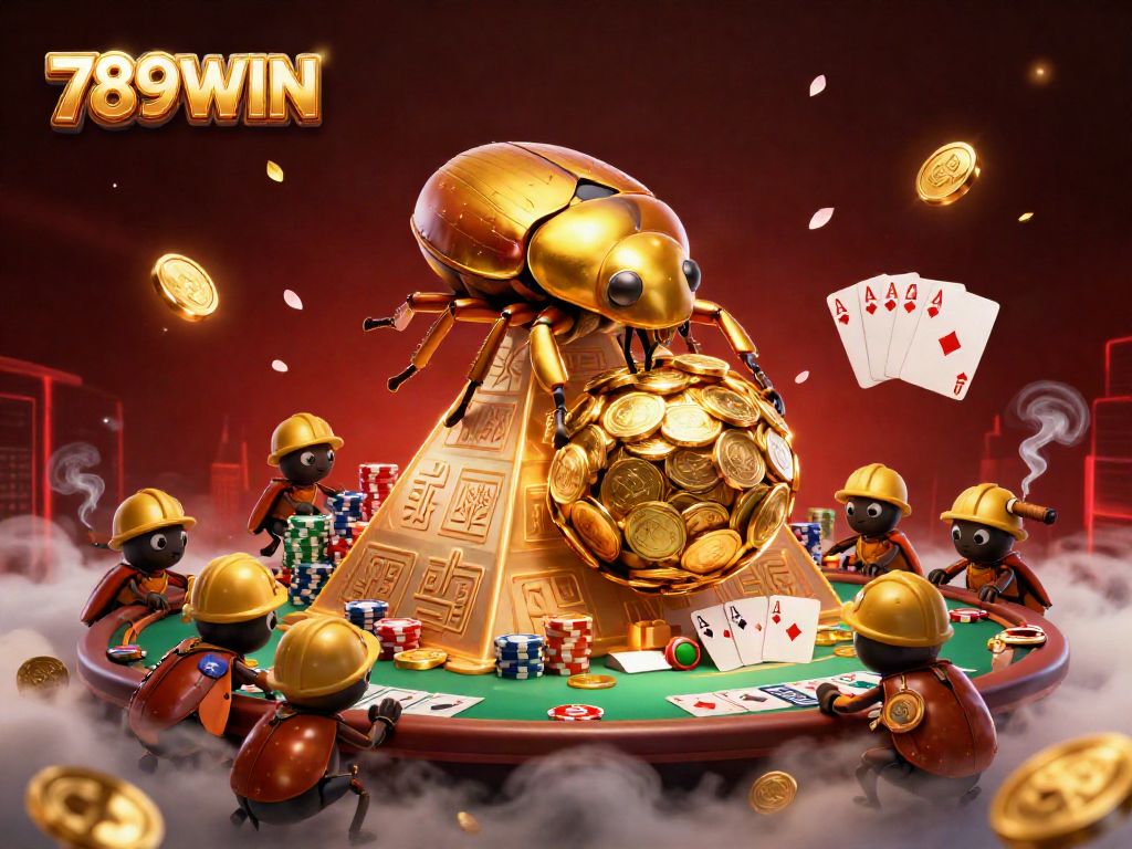 Experience the excitement of 789WIN’s online casino with vibrant illustrations of golden beetles and poker treasures.
