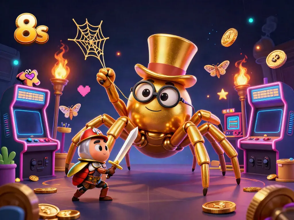 Experience thrilling gameplay at 8s with a golden tarantula and beetle knight in a casino setting.