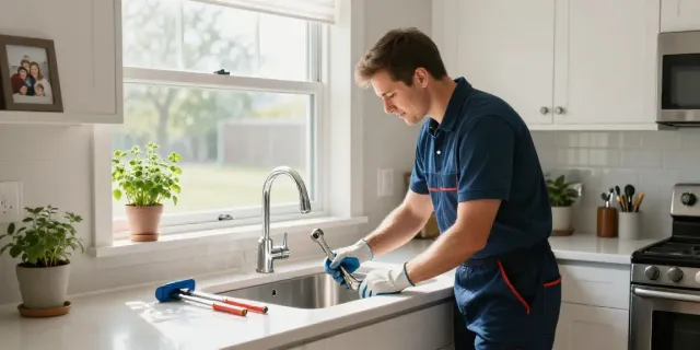 Licensed plumber in Rapid City SD fixing a modern kitchen sink with tools.