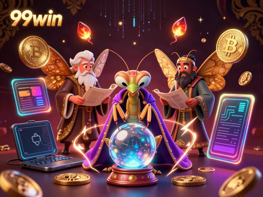 Engage in exciting games with 99win at this vibrant, mystical casino scene featuring iconic gaming elements.