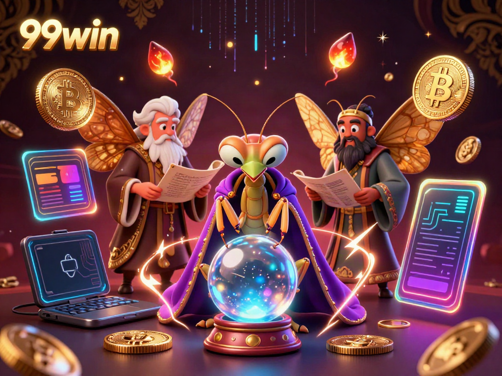 Engage in exciting games with 99win at this vibrant, mystical casino scene featuring iconic gaming elements.