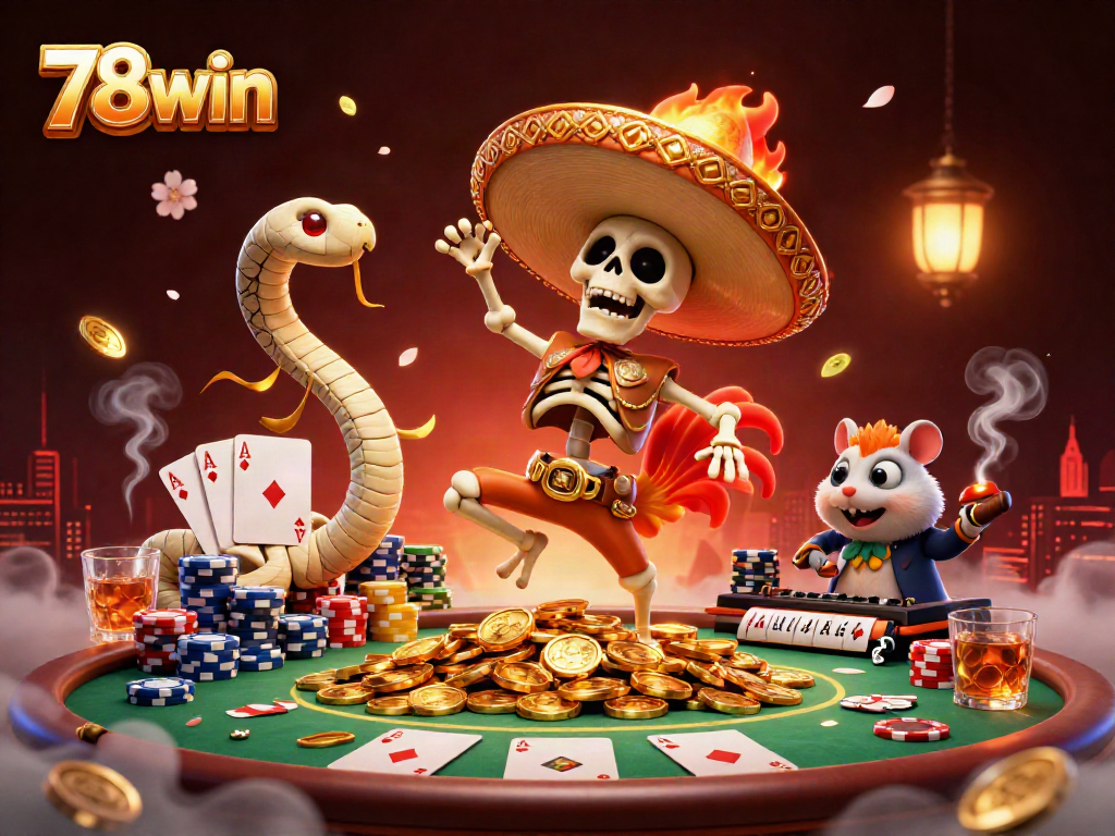 Experience the excitement of 78win as a mariachi rooster celebrates on golden coins amid a vibrant casino scene.