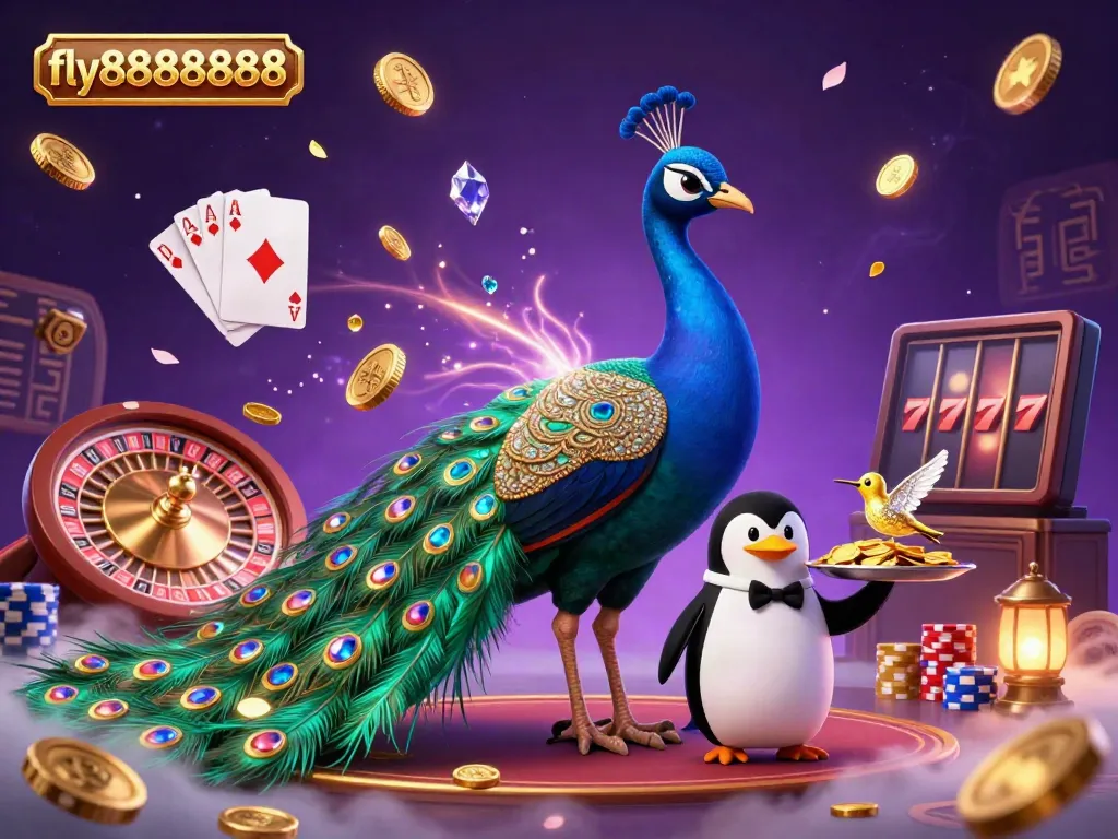 Engage with fly88888888 as a peacock, penguin, and hummingbird present a vibrant casino scene with exciting gaming elements.