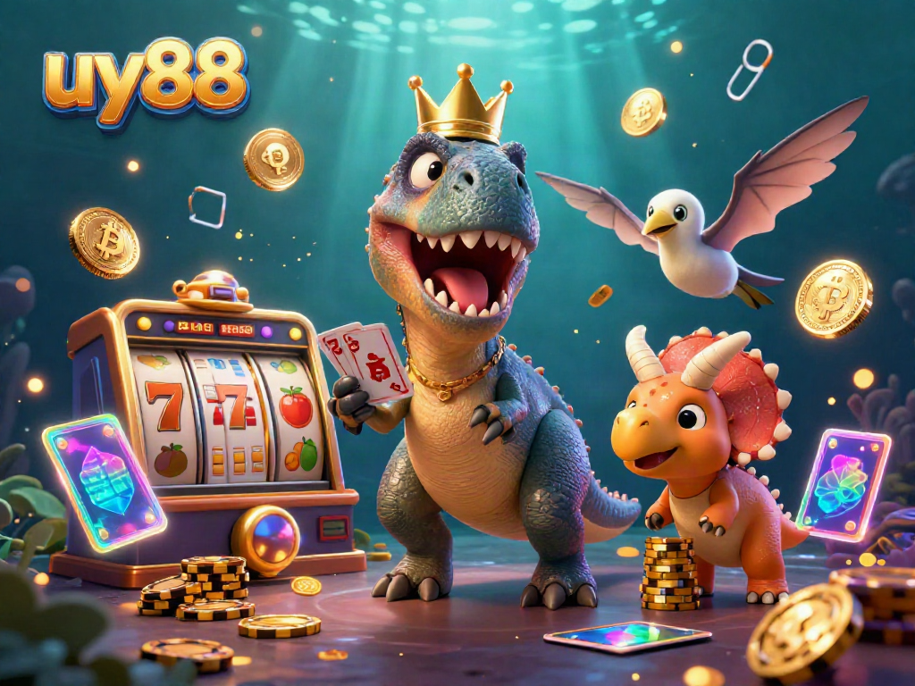 Win big with uy88 in this colorful 3D casino scene featuring playful dinosaur characters.
