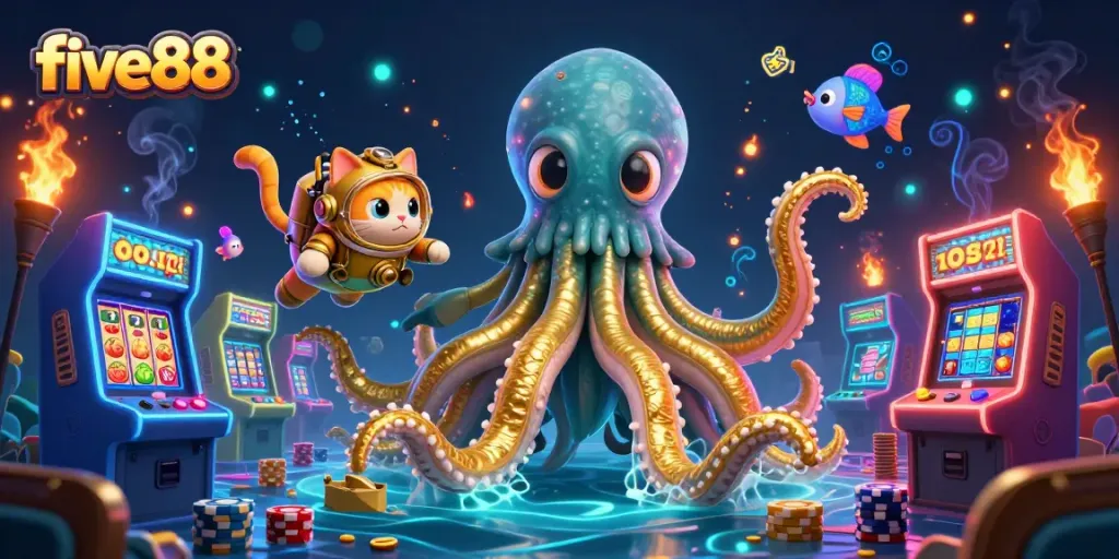 Experience the excitement of five88 casino with a kraken, diving cat, and vibrant gaming elements.