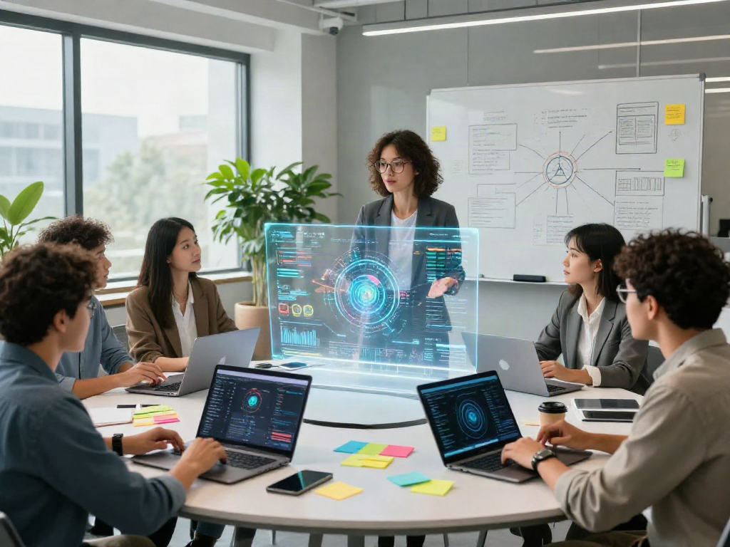 Diverse professionals collaborating on AI 18+ projects in a modern office.