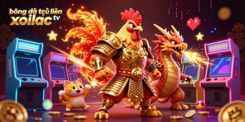 bóng đá trực tuyến xoilac tv features a charismatic rooster warrior, dragon hatchling, and fortune cat amidst vibrant sports betting elements.