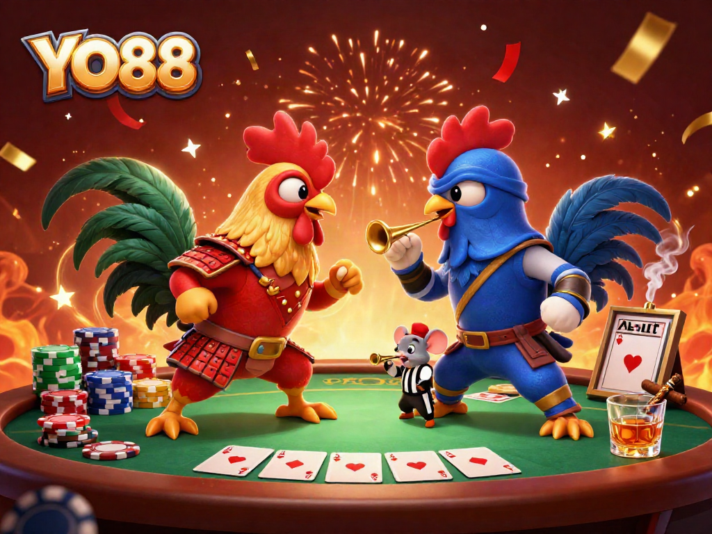 Engage with intense poker battles at YO88 featuring roosters in armor amidst vibrant casino elements.