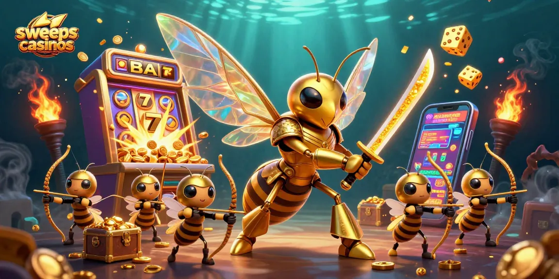Sweep casinos with a vibrant 3D illustration of a golden hornet samurai amidst flying slot symbols and golden treasures.