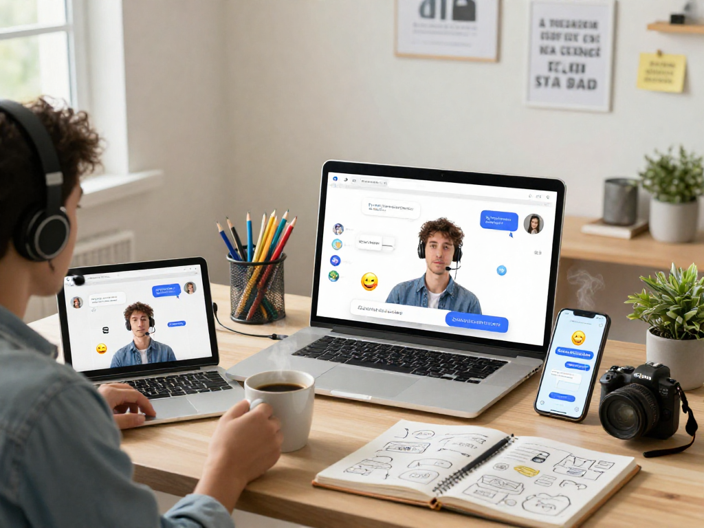 Juicy chat AI interaction in a vibrant home office with multiple devices and a user engaged in lively conversation.