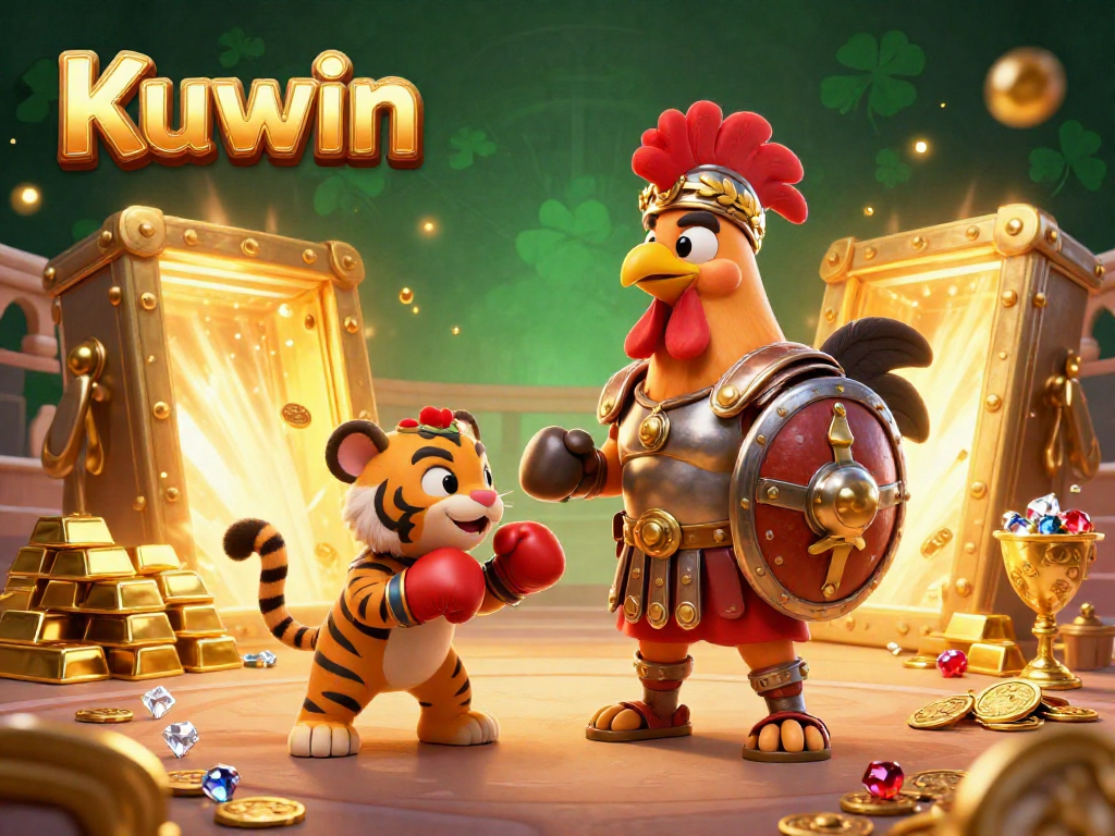 Kuwin online casino features a gladiator rooster and treasure in a dazzling gaming arena.