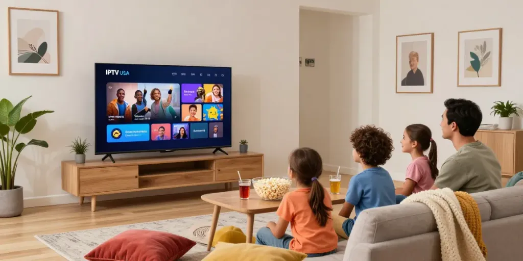 Family enjoying IPTV USA streaming together in a cozy living room setting.
