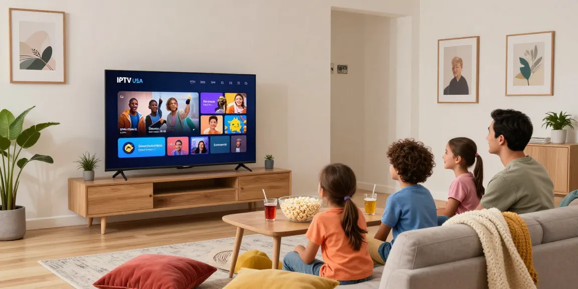 Family enjoying IPTV USA streaming together in a cozy living room setting.
