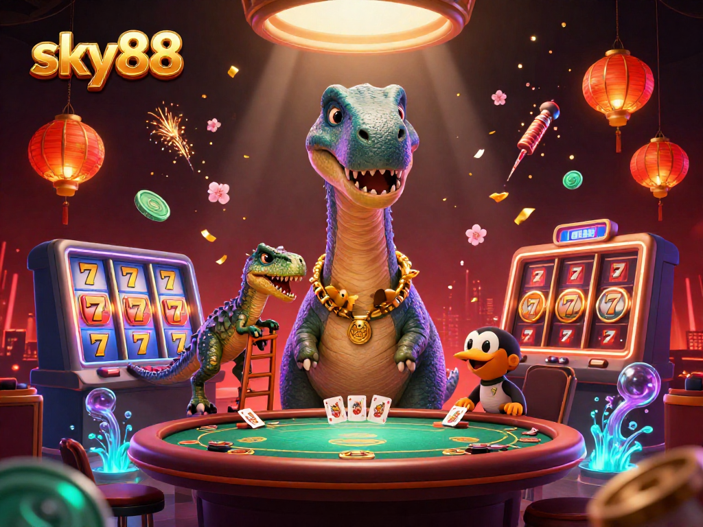 Experience the thrilling world of sky88 with a colorful 3D illustration featuring lively casino action.