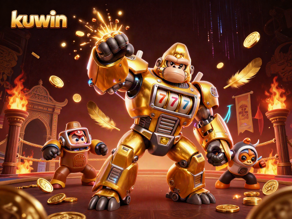 Kuwin enhances the gaming experience with a golden transformer mech bursting with coins and excitement.