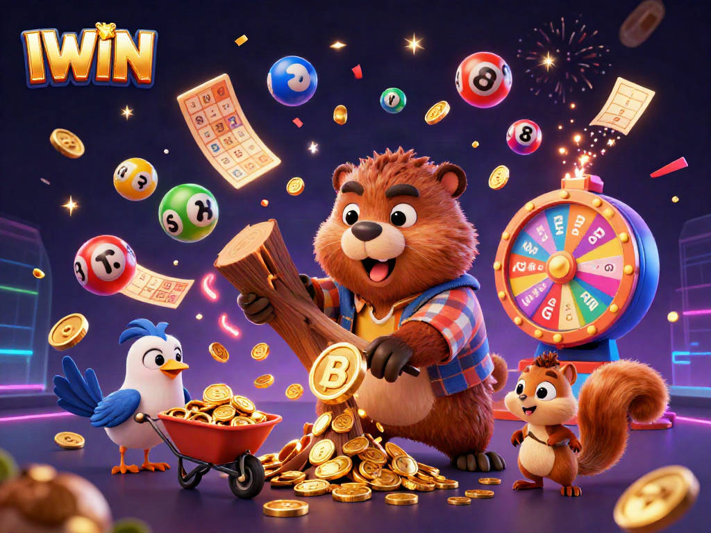IWIN celebrates casino gaming with a vibrant scene featuring a lumberjack beaver, gold coins, and lottery elements.