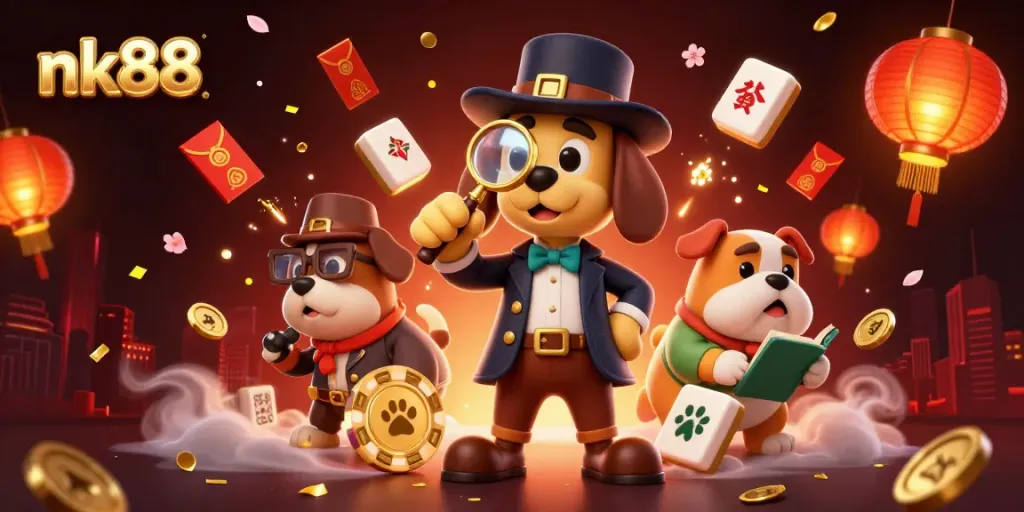Engage with nk88 as a detective explores a treasure of golden gaming elements in a vibrant casino scene.