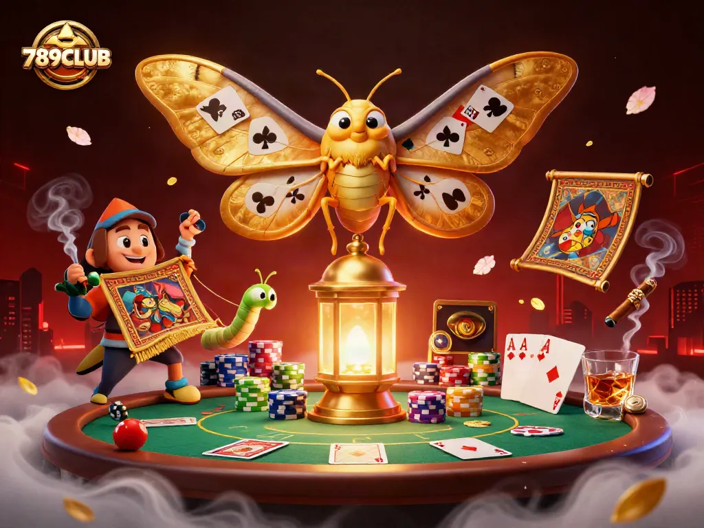Engage with the exciting game elements of 789CLUB through a vibrant 3D illustration showcasing casino themes and colorful poker elements.