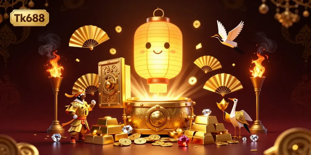 Experience excitement at Tk688 casino with treasure visuals and dynamic characters in a vibrant illustration.