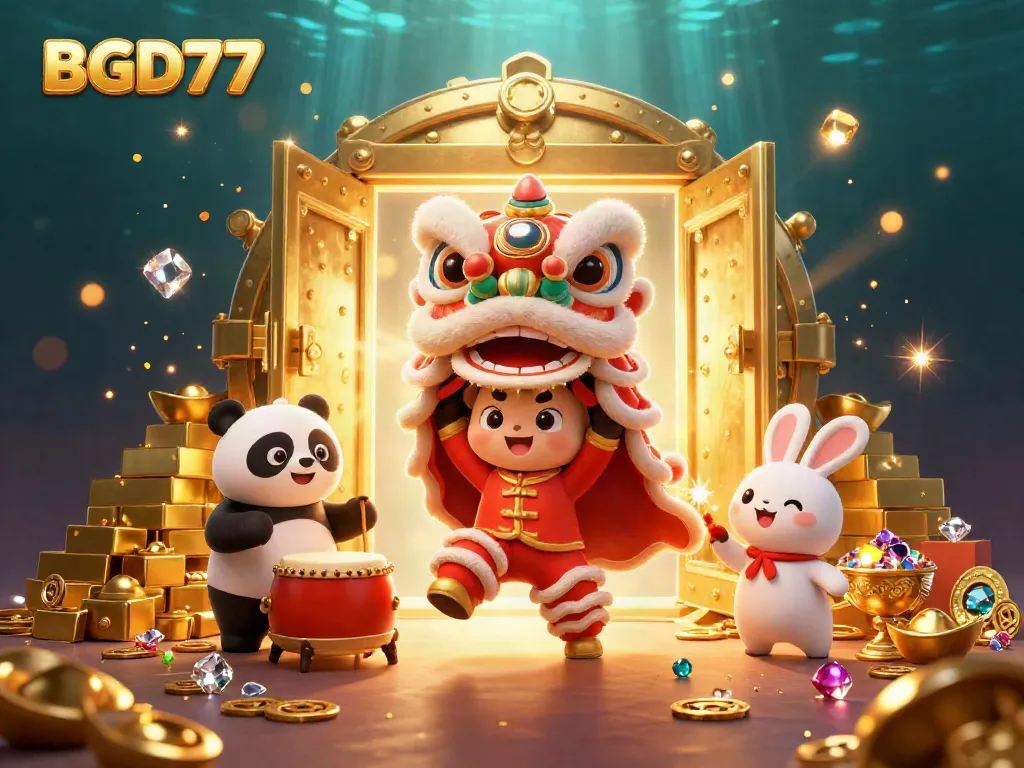 Experience the vibrant world of BGD77 with colorful characters celebrating alongside treasure and casino elements.
