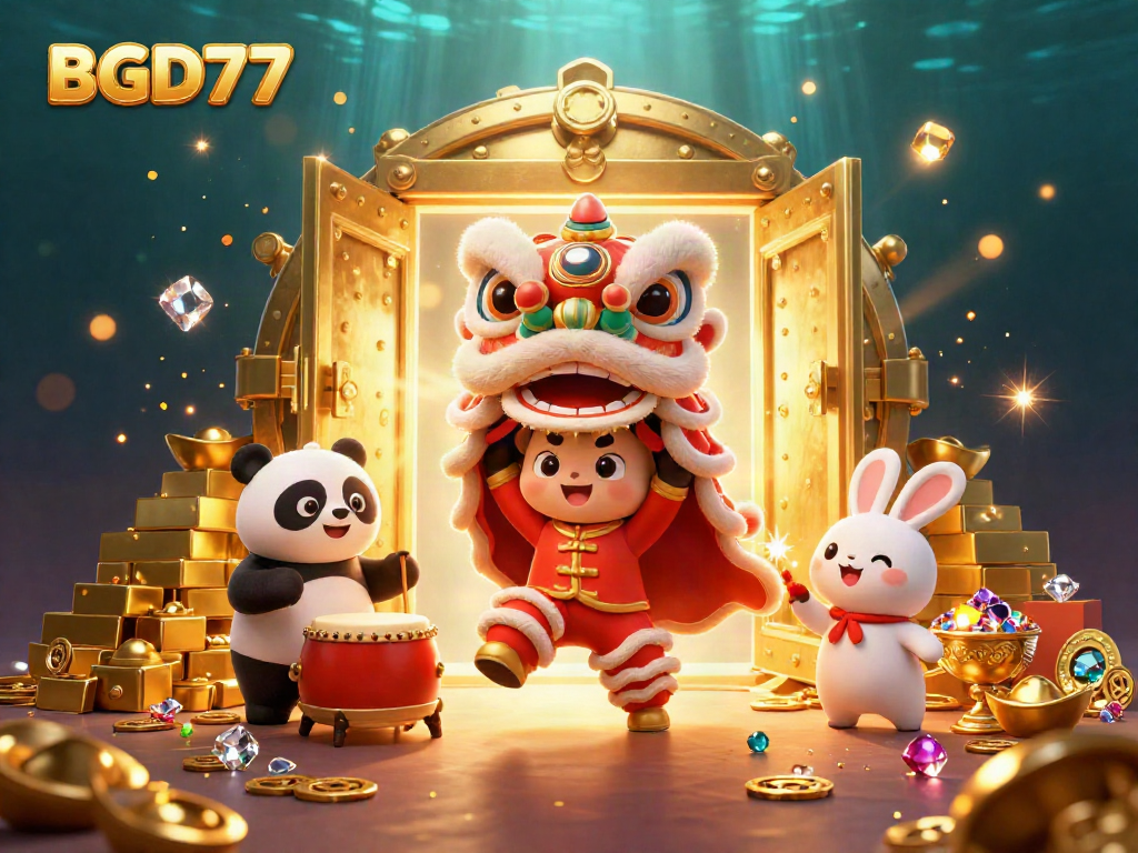 Experience the vibrant world of BGD77 with colorful characters celebrating alongside treasure and casino elements.