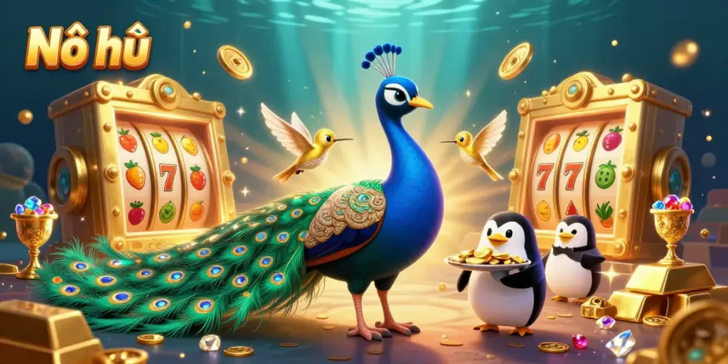 Experience Nổ hũ with this vibrant casino scene featuring peacock, penguin, and treasures.