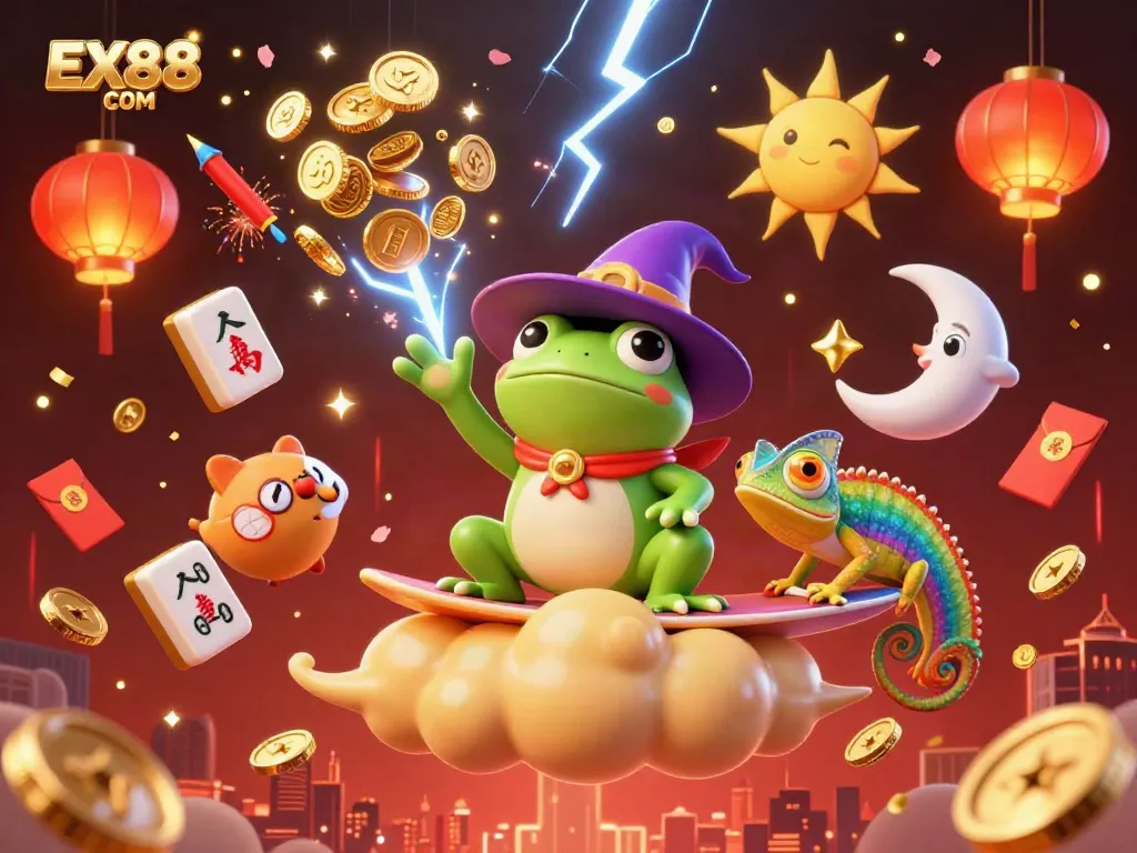 Experience the excitement of EX88 COM with a vibrant 3D scene showcasing a weather wizard frog and rainbow chameleon amid dazzling casino elements.