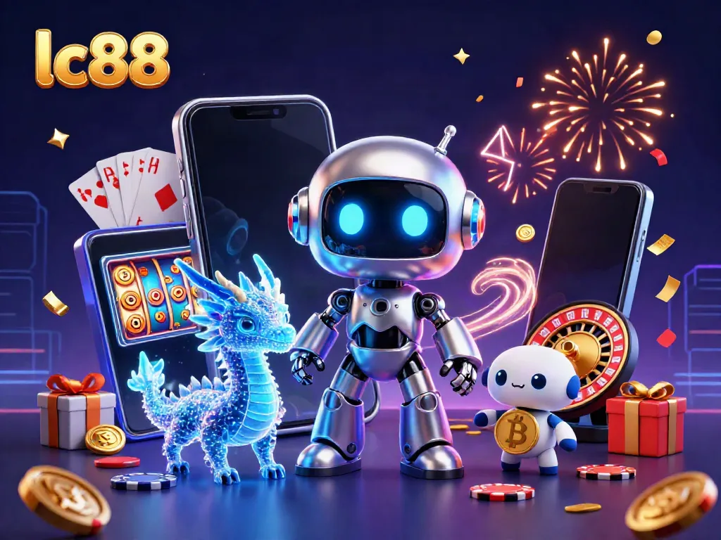 Engagement with exciting slot games at lc88, featuring a vibrant 3D cyberpunk robot and casino symbols.