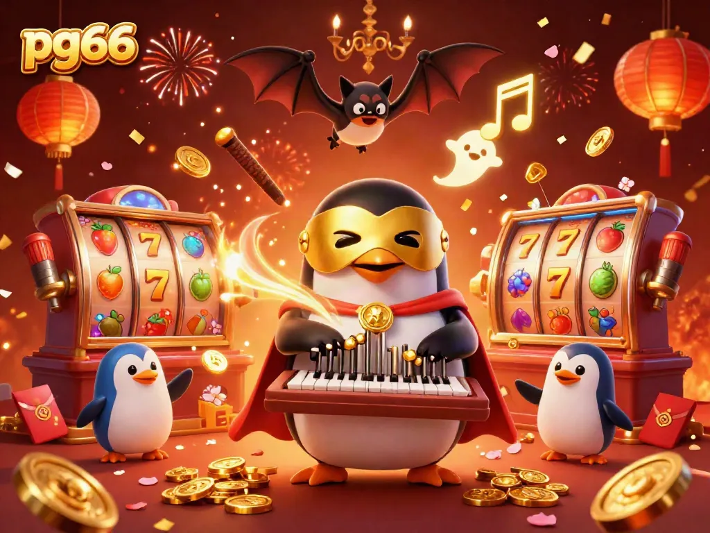 Engage in thrilling gameplay at pg66 with a vibrant 3D scene featuring a penguin and gold coins.