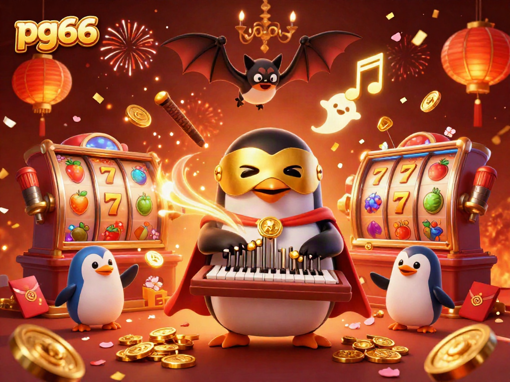 Engage in thrilling gameplay at pg66 with a vibrant 3D scene featuring a penguin and gold coins.