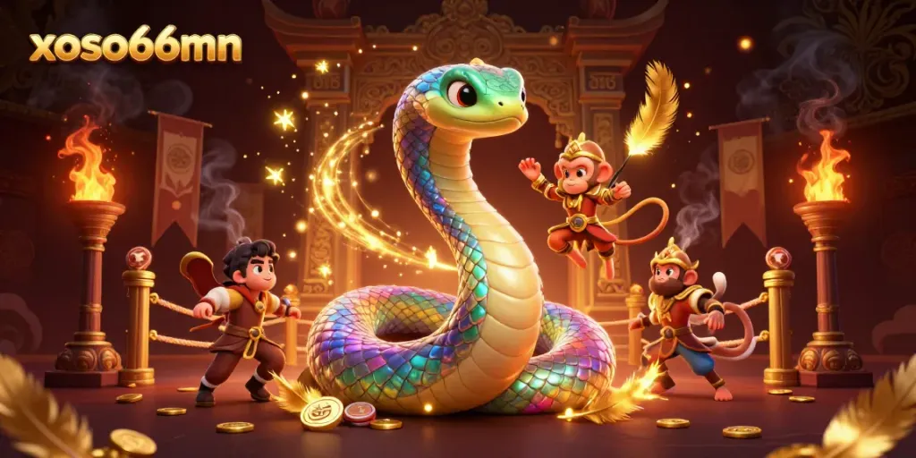 Engage in vibrant gameplay at xoso66mn with a magical scene of a rainbow serpent and monkey king.