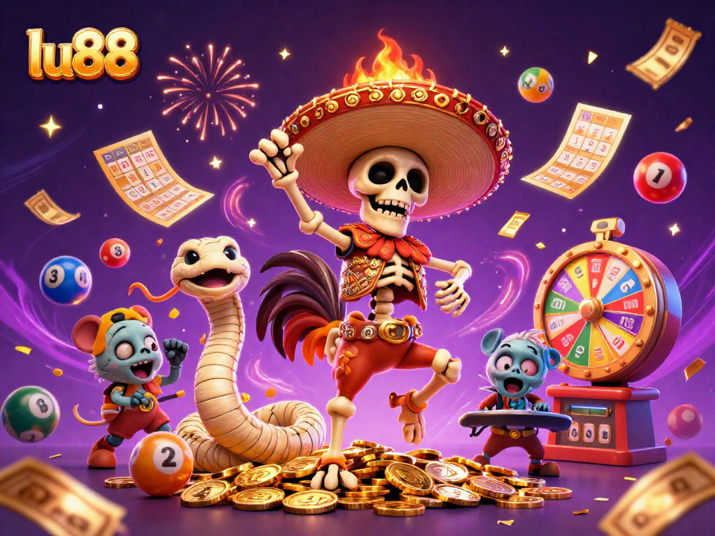 Celebrate wins with lu88 as a vibrant 3D illustration featuring a lively casino atmosphere.